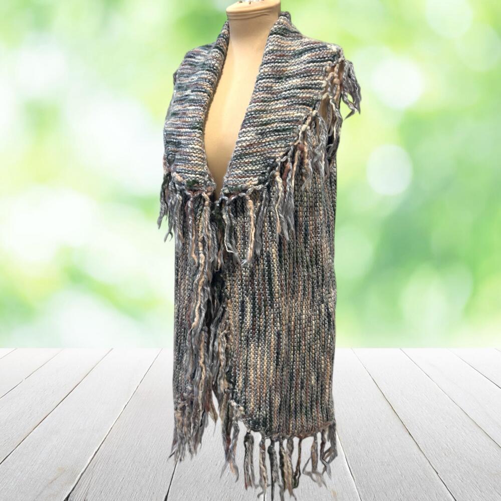 CHICOS Boho Fringe Sweater Vest Wool Blend Open Front Festival Hippie Size 1 (M)